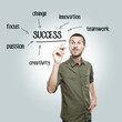 young casual man writing success diagram on glass board with mar