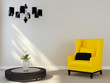 Black chandelier and yellow chair