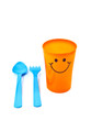 Bright plastic disposable tableware isolated