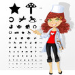 Illustration: Woman doctor - ophthalmologist shows children's table for eye te Woman doctor - ophthalmologist shows children's table for eye te