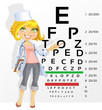 Illustration: Cute woman doctor - optometrist points to the table for testing Cute woman doctor - optometrist points to the table for testing