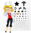 Illustration: Cute woman doctor - ophthalmologist shows children's table for e Cute woman doctor - ophthalmologist shows children's table for e