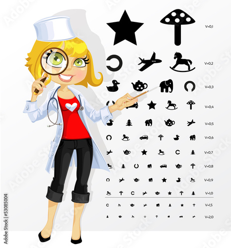 Illustration: Cute woman doctor - ophthalmologist shows children's table for e Cute woman doctor - ophthalmologist shows children's table for e