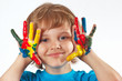 Foto: Little boy with painted hands on a white background Little boy with painted hands on a white background