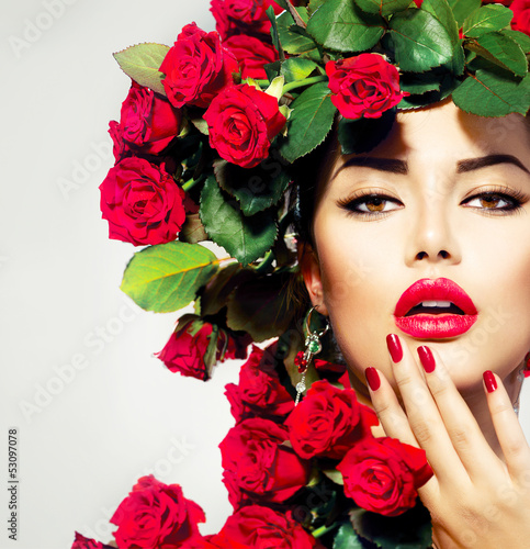 Photo: Beauty Fashion Model Girl Portrait with Red Roses Hairstyle Beauty Fashion Model Girl Portrait with Red Roses Hairstyle