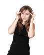 A woman having a headache isolated on white.