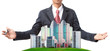 business man and modern building on green grass field
