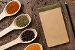 Old notebook, spices in spoons