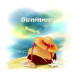 Beautiful seaside view on sunny day with bag, shells and straw h