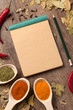Old notebook, spices in spoons