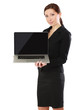 Young beautiful woman showing a laptop
