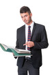 Smart handsome business man points to files