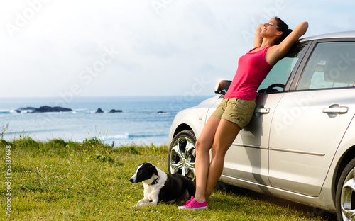 Photo: Happy woman and dog travel Happy woman and dog travel