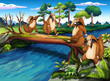 Four playful wild animals crossing the river