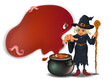 A witch holding a stick with a pot