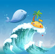 A high wave with a dolphin and an island with an arrowboard