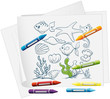 A paper with a drawing of sea creatures and crayons