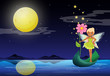 Vektor: A fairy holding a flower above a boat A fairy holding a flower above a boat