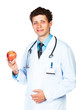 Portrait of a smiling male doctor holding red apple