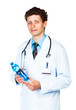 Portrait of a smiling male doctor holding bottle of water