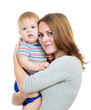 mother embracing baby boy isolated on white