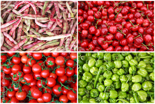 Photo: Berry and vegetable collage. Cherries, cherry tomatoes, green pe Berry and vegetable collage. Cherries, cherry tomatoes, green pe