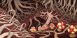 Underground with roots and mushrooms.