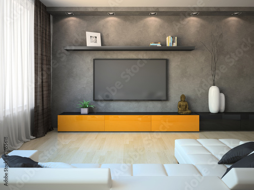 Illustration: Modern interior with orange cabinet and TV Modern interior with orange cabinet and TV