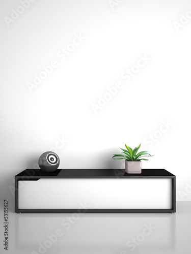 Illustration: Part of modern interior with cabinet and speaker Part of modern interior with cabinet and speaker