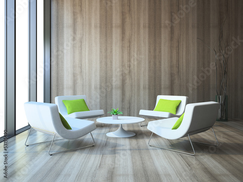Illustration: Modern interior with four armchairs and coffe table 3d rendering Modern interior with four armchairs and coffe table 3d rendering
