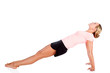 woman doing fitness exercise, white background, copyspace