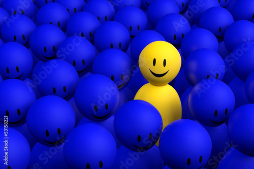 Illustration: 3d yellow man comes out from a blue crowd 3d yellow man comes out from a blue crowd