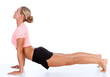 woman doing fitness exercise, white background, copyspace