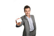 Successful businessman showing business card