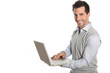 Cheerful man using laptop, isolated