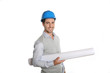 Smiling architect standing on white background
