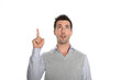 Cheerful guy showing text on white background