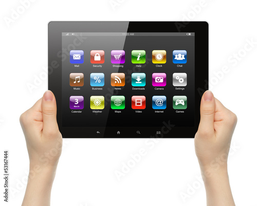 Photo: Woman hands holding tablet PC with icons on white background . Woman hands holding tablet PC with icons on white background .