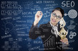 Beautiful businesswoman write on transparant glass