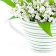 Spring flowers in a green striped cup