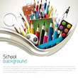 Colorful crayons with school supplies - school background