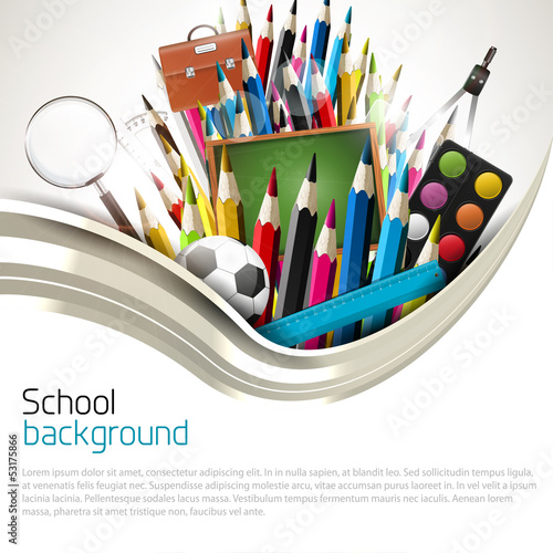 Vector: Colorful crayons with school supplies - school background Colorful crayons with school supplies - school background