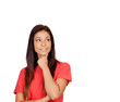 Photo: Pensive brunette girl dressed in red Pensive brunette girl dressed in red