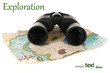 Photo: Black modern binoculars with map of adventure isolated on white Black modern binoculars with map of adventure isolated on white