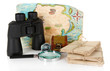 Photo: Black modern binoculars with old letters and map of adventure Black modern binoculars with old letters and map of adventure