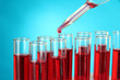 Foto: Test tubes with blood in laboratory on blue background Test tubes with blood in laboratory on blue background