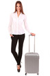 Photo: Young businesswoman with suitcase isolated on white Young businesswoman with suitcase isolated on white