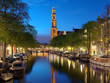 Evening view on the Western church in Amsterdam