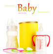 Bottle with milk and food for babies isolated on white