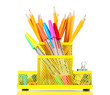 Office equipment in yellow stationary holder isolated on white